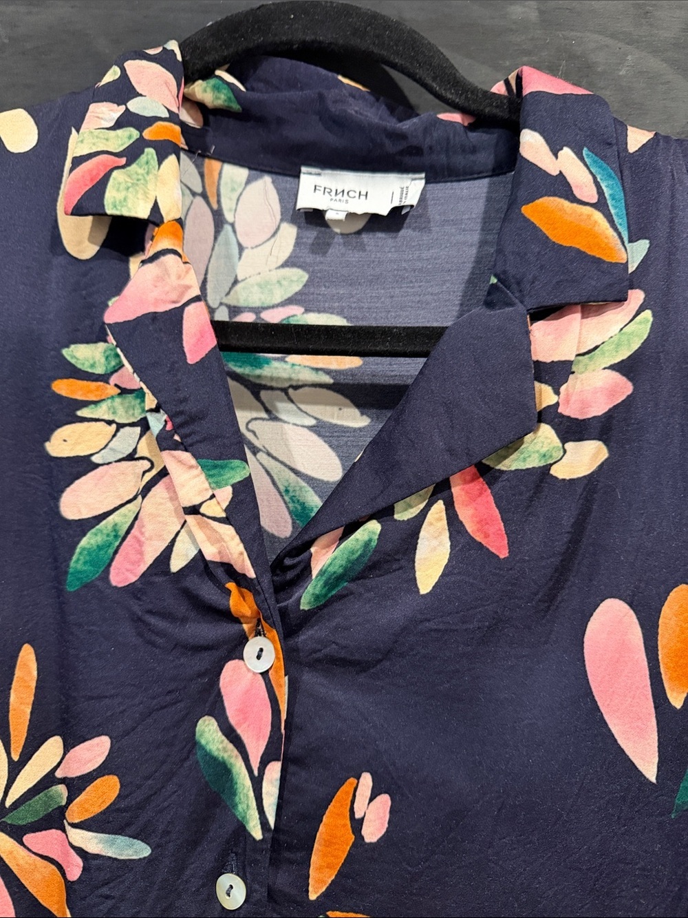 French Navy Floral Short Sleeve Button-Up Top - Picture 2 of 2